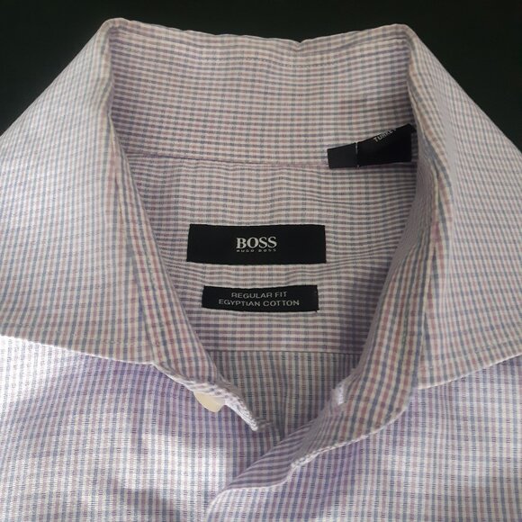 BOSS Hugo Boss SZ 16 Reg Men's Button Up Shirt Red & Blue Check Egyptian Cotton - Picture 1 of 11